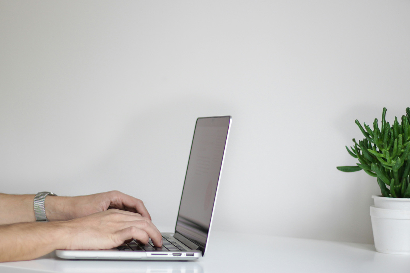 Two hands typing on a laptop, laptop is sat on a white desk with a small green plant opposite it