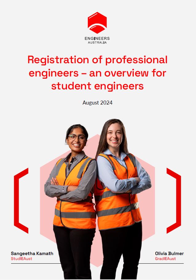 Grey background with EA logo at the top, title under in red text reading "Registration for professional engineers - an overview for student engineers" and "August 2024" in black text. Underneath is an image of two women in orange hi-vis vests and black trousers next to each other with their arms crossed facing the camera with red brackets framing them. 