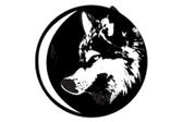Image of a graphic, black and white wolf in a black circle