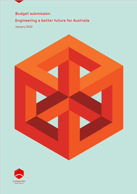 Cover of Engineers Australia's 2023 Budget submission with blue background and red cube in the middle