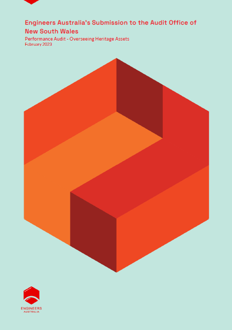 Blue and red cover of Engineering Heritage Australia's submission to the NSW Audit Office