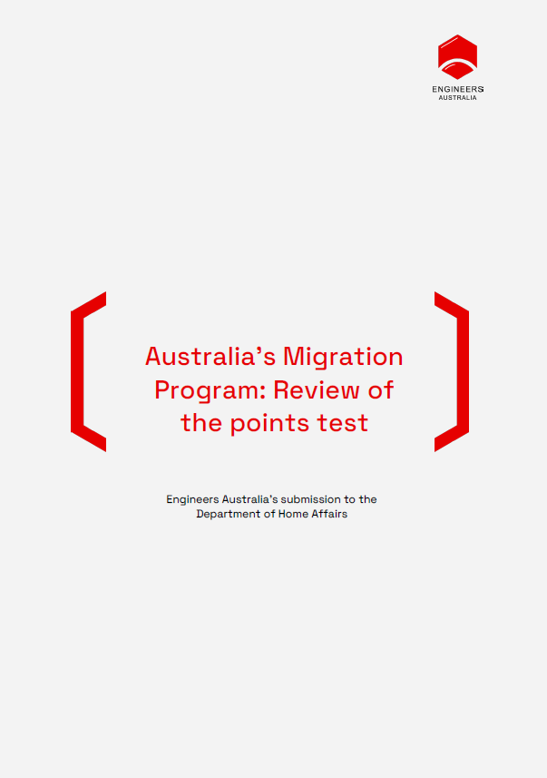 Grey background with red title, reading 'Australia's Migration Program: review of the points test', in large red brackets